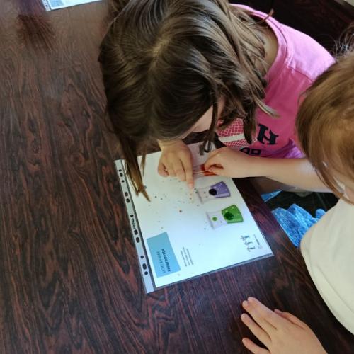 Zwei Kinder mischen Lebensmittelfarben auf einer Folie