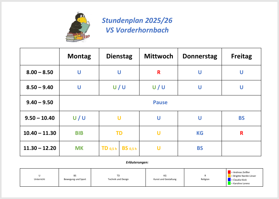 Stundenplan der VS Vorderhornbach