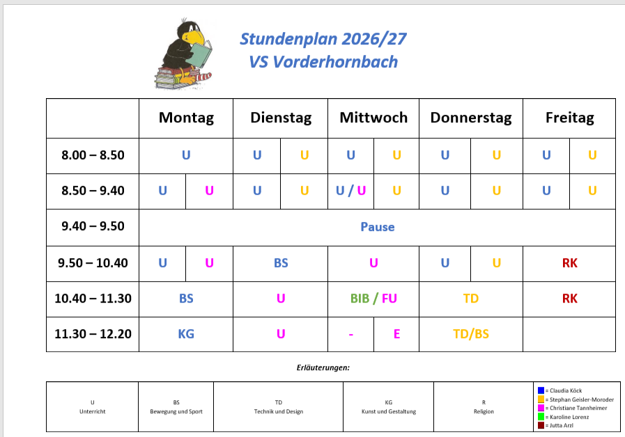 Stundenplan der VS Vorderhornbach